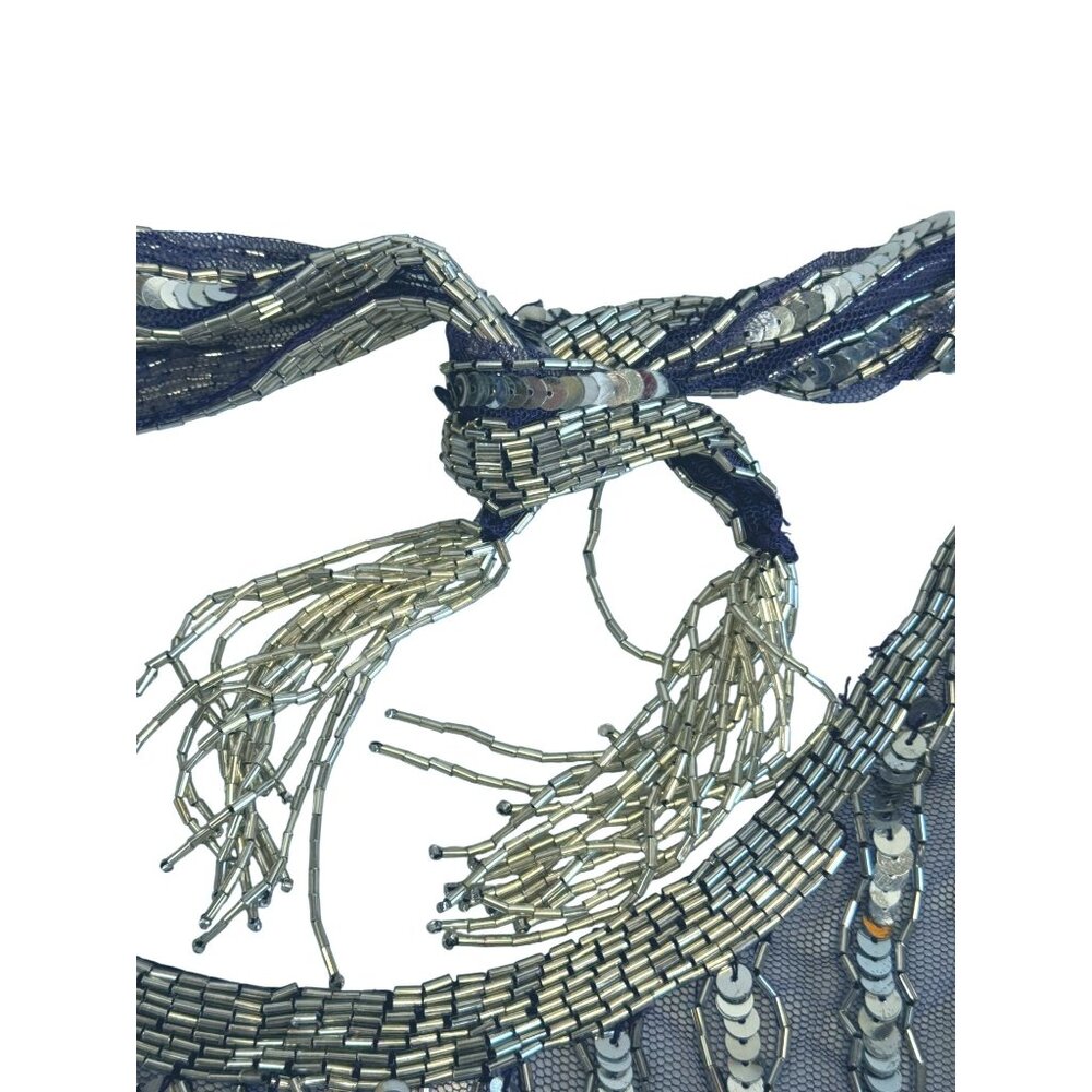 Blue Mesh Silver Sequin Glass Beaded Triangle Shawl Wrap Fringe 23" - Picture 9 of 11